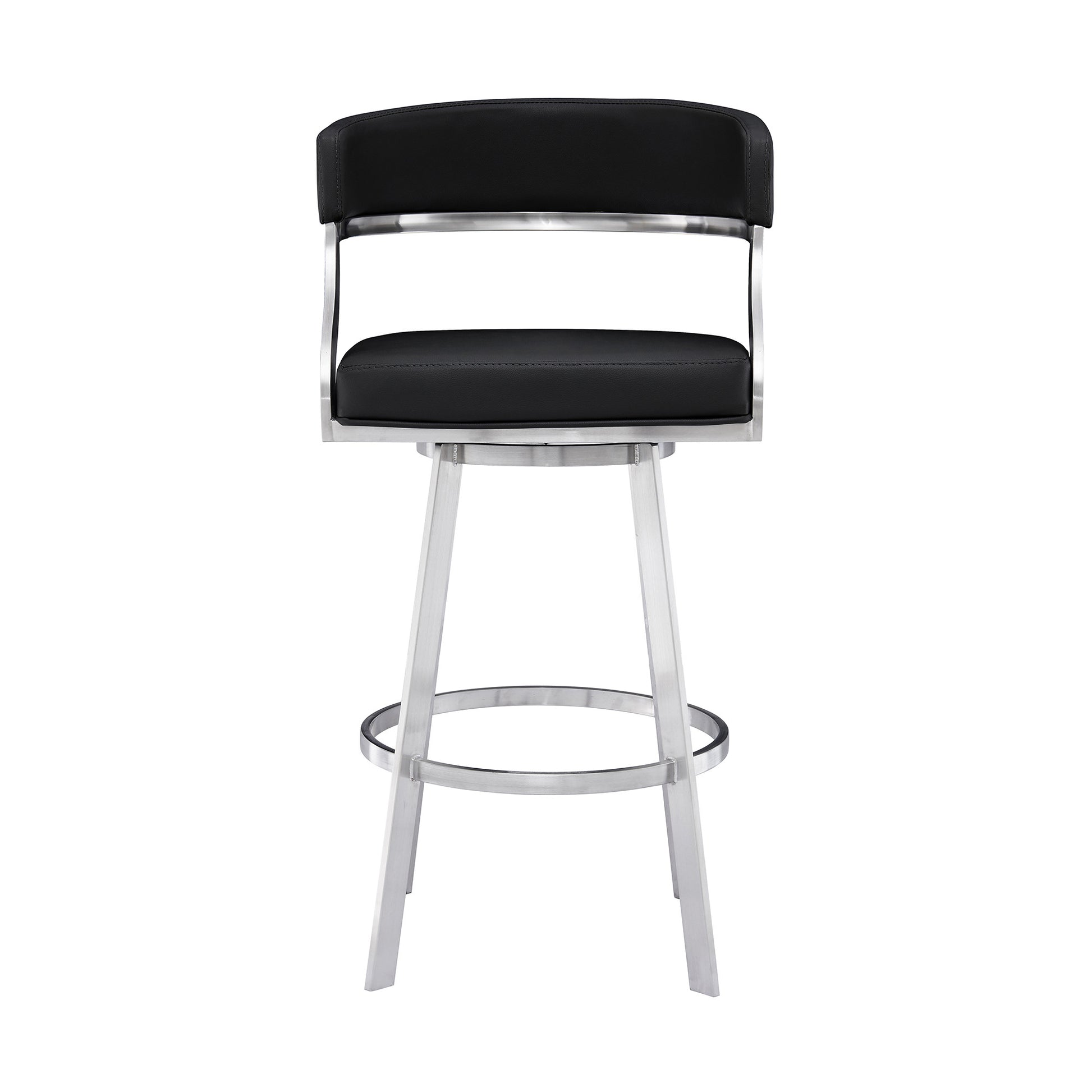 30" Black And Silver Faux Leather And Iron Swivel Low Back Bar Height Bar Chair-2